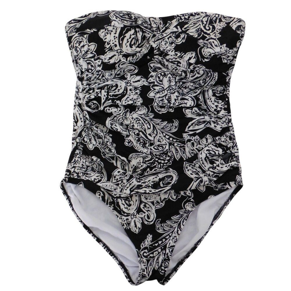 Lauren Ralph Lauren One Piece Swimsuit Black floral Strapless Built in Bra Sz 6